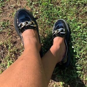 Aldo Black and Gold Platform Loafers